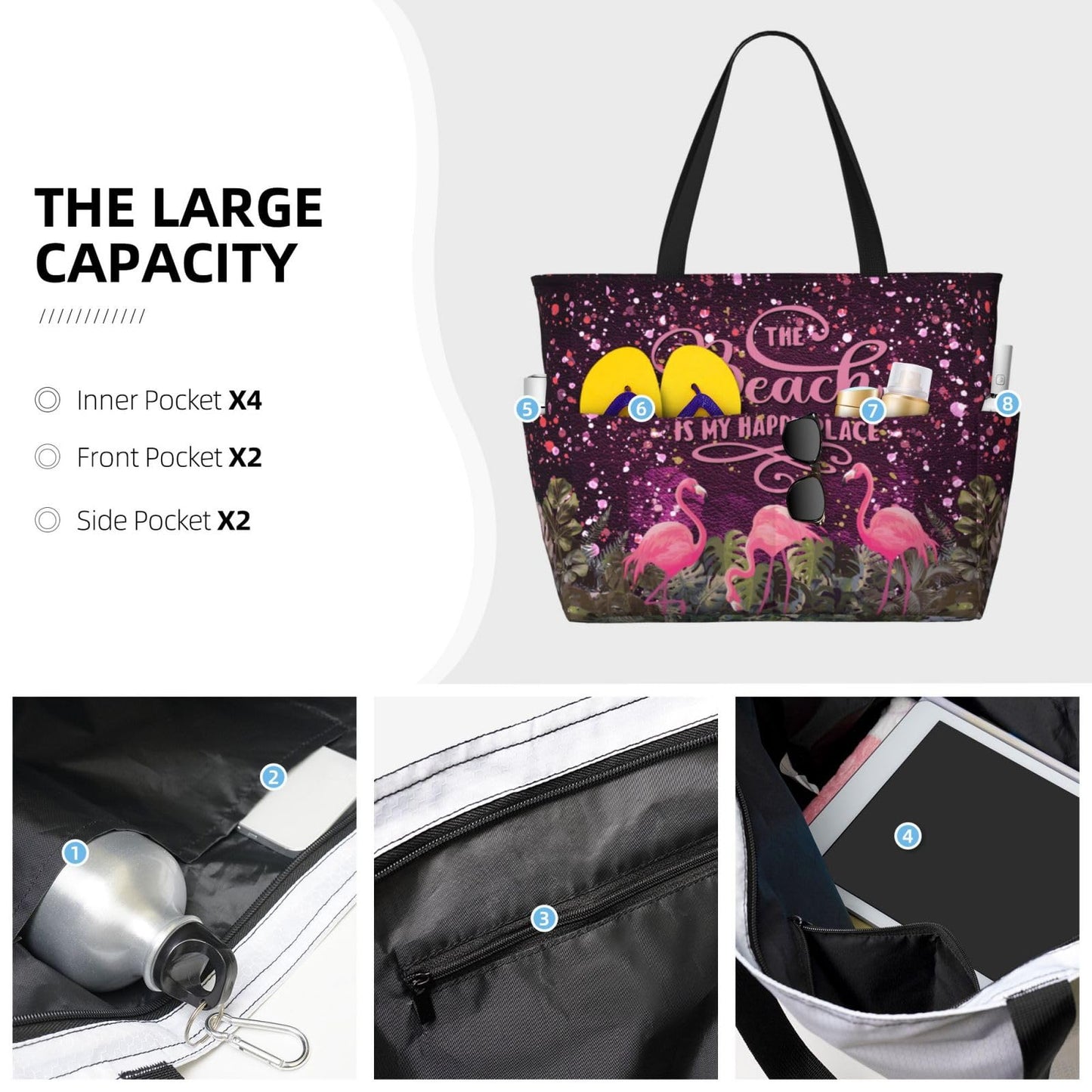 Mvcpoci Beach Bags Waterproof Sandproof Beach Bags For Women, Leopard Flamingo Print Beach Tote For Trendy Vacation