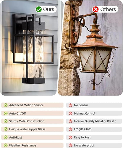 Motion Sensor Outdoor Lights, Dusk to Dawn Outdoor Lighting Exterior Light Fixture with Water Glass, Waterproof Sconce Wall Mount for House Porch Patio Garage, Bulb Included
