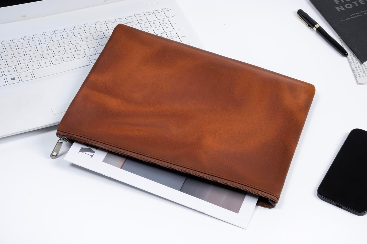 GZRHKJ Genuine Leather A4 File Folder for Document, Leather File Folder Organizer Document Holder for Men&Women, Waterproof Portfolio Envelope Folder Case