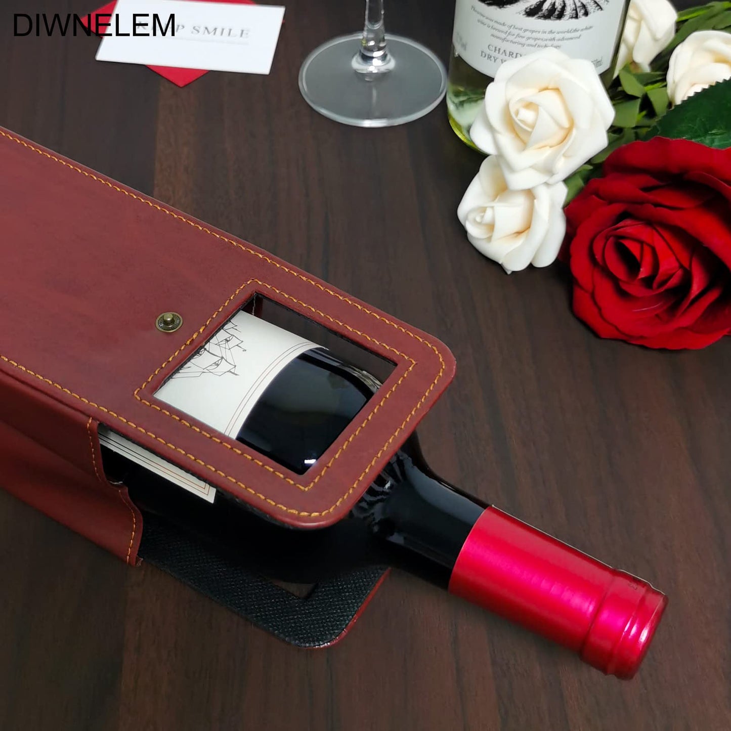 DIWNELEM 2 Pack Leather Wine Bag - Gift Bags for Wine, Champagne, Beer Bottles - Tote Carrier for Travel, Parties - Brown