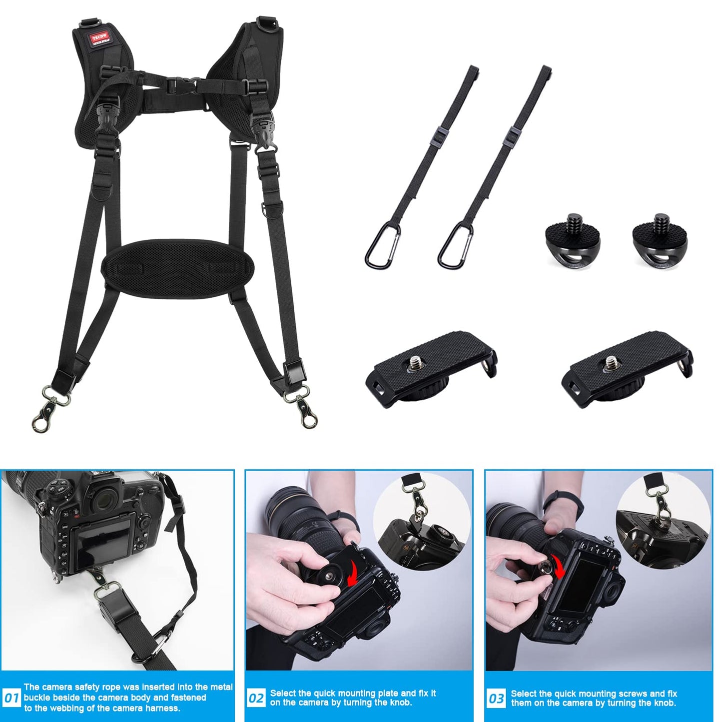 Quick Release Dual Camera Harness With Camera Safety Tether– Double Shoulder Camera Strap for 2 Cameras – Adjustable Length, Camera Straps for Photographers Camera Belt for DSLR SLR Camera (Style-A)