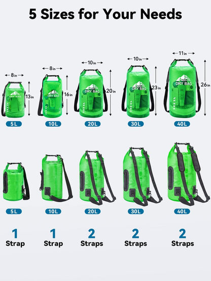 HEETA Dry Bag Waterproof for Women Men, Roll Top Lightweight Dry Storage Bag Backpack with Phone Case for Travel Swimming Boating Kayaking Paddle Board Camping Beach Accessories (Green, 40L)