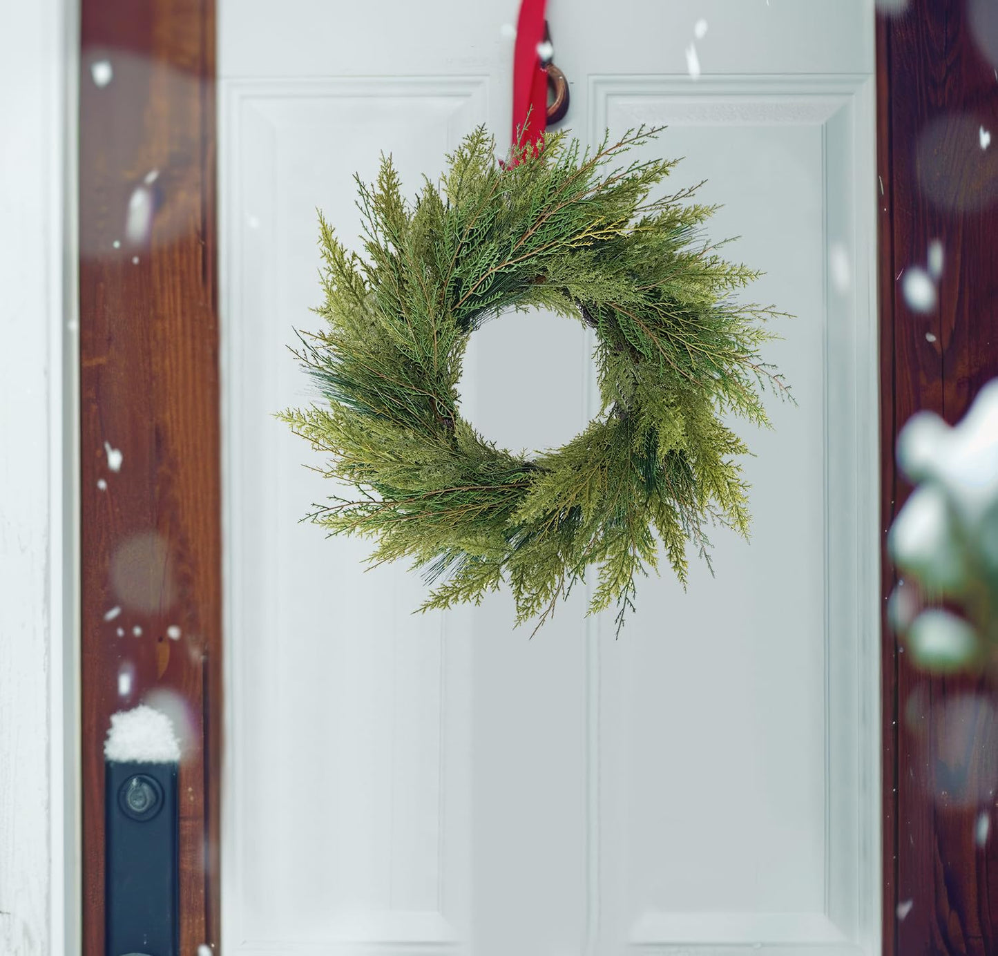 BINFEN 20” Green Faux Norfolk Pine Christmas Winter Wreath – Mixed with Real Touch Fake Cypress, Cedar & Spruce, Xmas Wreaths for Front Door Porch Mantel & Fireplace