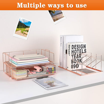 gianotter Desk Organizers and Accessories, Office Supplies Desk Organizer with Sliding Drawer, Double Tray and 5 Upright Section File Sorter Organizer (Rose Gold)