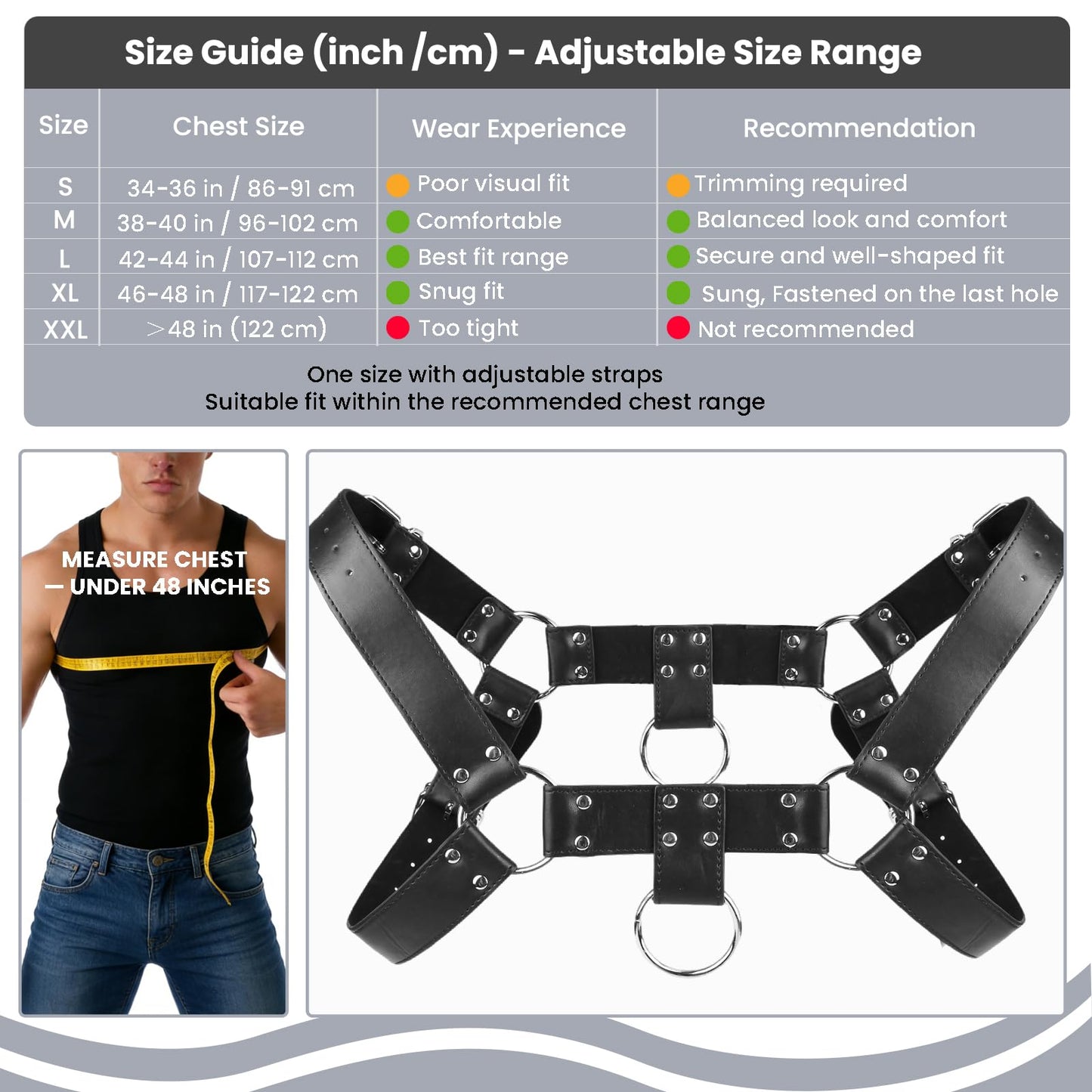 Mens PU Leather Chest Harness Costume Cosplay Top, Adjustable Body Harness Shoulder Straps Male Punk Fashion Steatement Rave Outfit for Music Festival Party Halloween Cosplay D88 (Black)