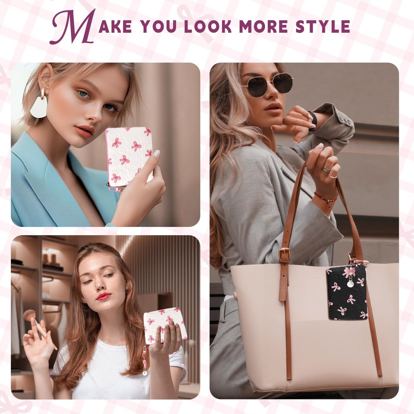 Playexen Mini Makeup Bag, Small Bow Tie Cosmetic Bag for Purse with Keychain, Portable XS Travel Makeup Pouch for Daily Use (Pink)