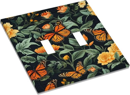 Butterflies Flower Garden Light Switch Covers Double Toggle 2 Gang Wall Plate Dual Decorative Switchplate Electrical Faceplate for Farmhouse Decor