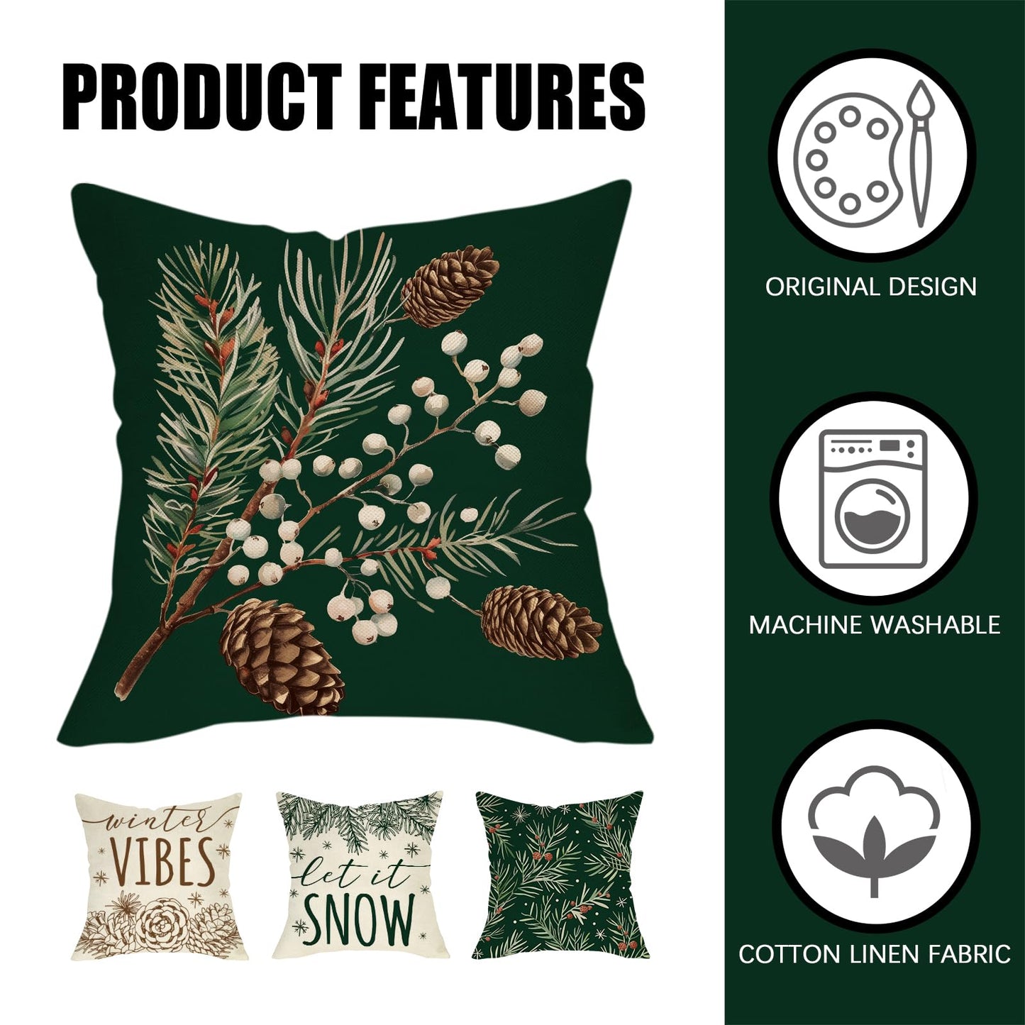 Fahrendom Winter Vibes Green Decorative Throw Pillow Covers 18 x 18 Set of 4, Let It Snow Pine Cones Needle Berry Porch Patio Outdoor Pillowcase, Christmas Seasonal Sofa Couch Cushion Case Home Decor