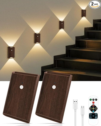 2 Pack Rechargeable Motion Sensor Wall Sconce – 5000mAh Wireless Battery Operated Wall Light, 3 Colors Up/Down Lighting Night Light with Remote Control for Indoor Stairs, Bedroom, Hallway (Walnut)