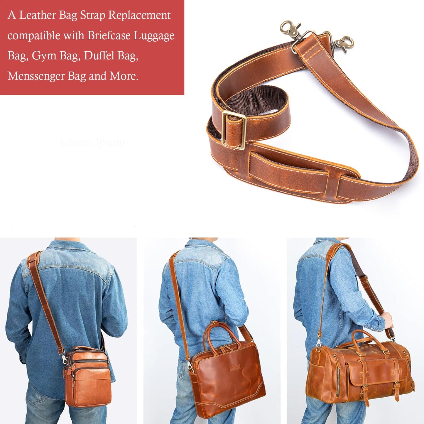 Leather Bag Strap Replacement - Adjustable Shoulder Strap for Messenger Briefcase Duffle Crossbody Bags