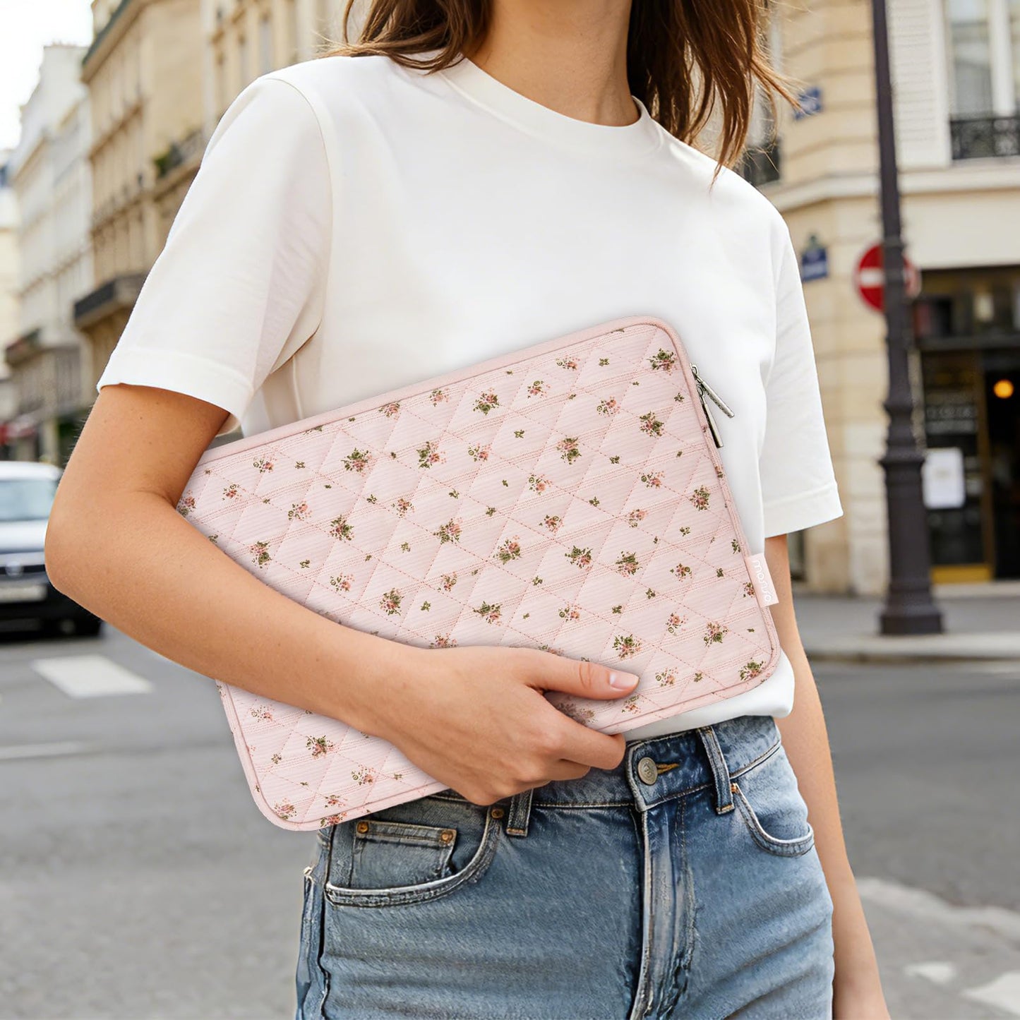 MOSISO 13-14 inch Laptop Case, 13.3 inch Puffy Laptop Sleeve Compatible with MacBook Air 13.6 M4 M3 M2 M1/Pro 13/Pro 14, HP Dell ASUS Lenovo, Square Quilted Carrying Bag with Small Case,Roseate Petals