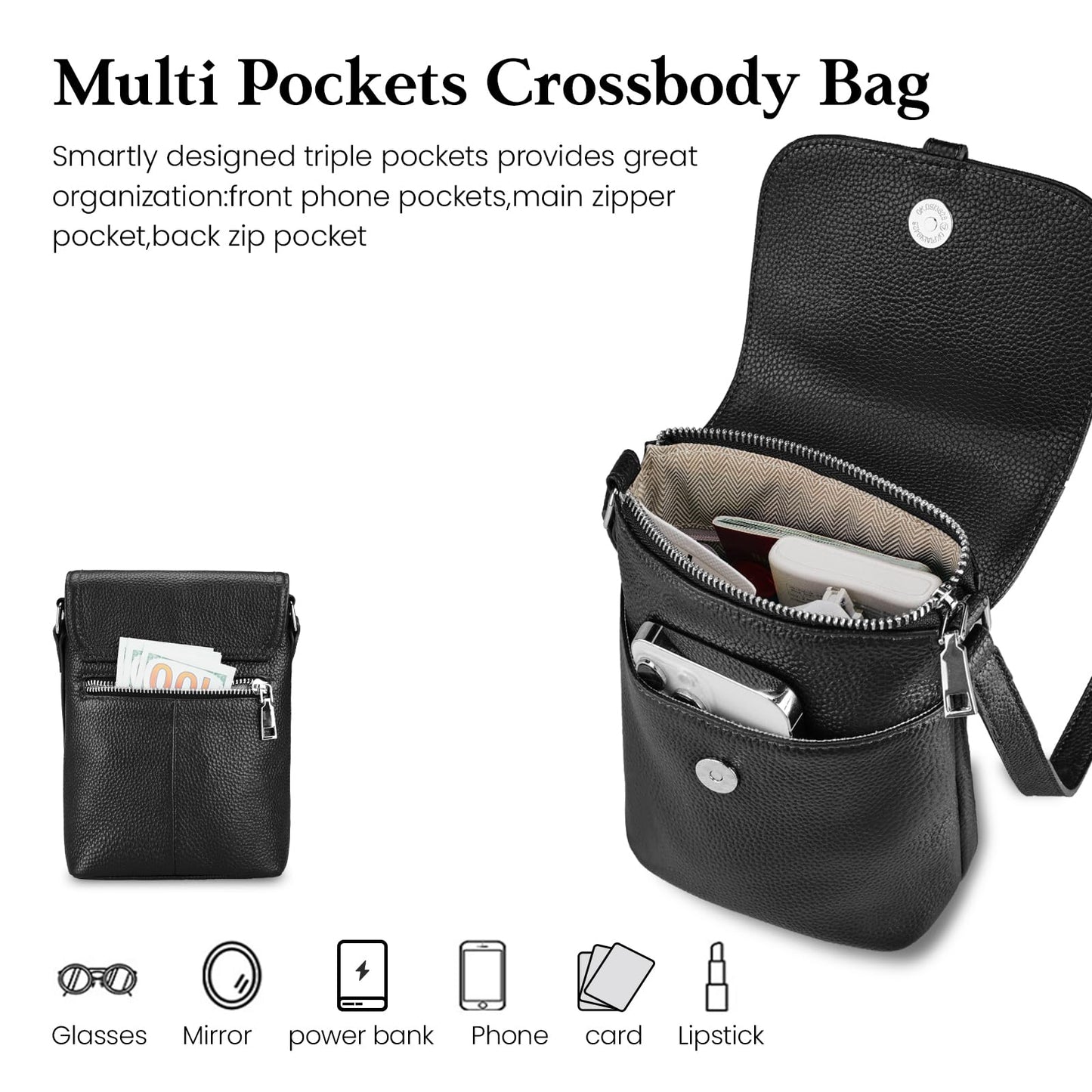 befen Black Genuine Leather Small Crossbody Bags for Women, Womens Cell Phone Purses Cross body Bag Purse with RFID Card Slots for Daily and Travel