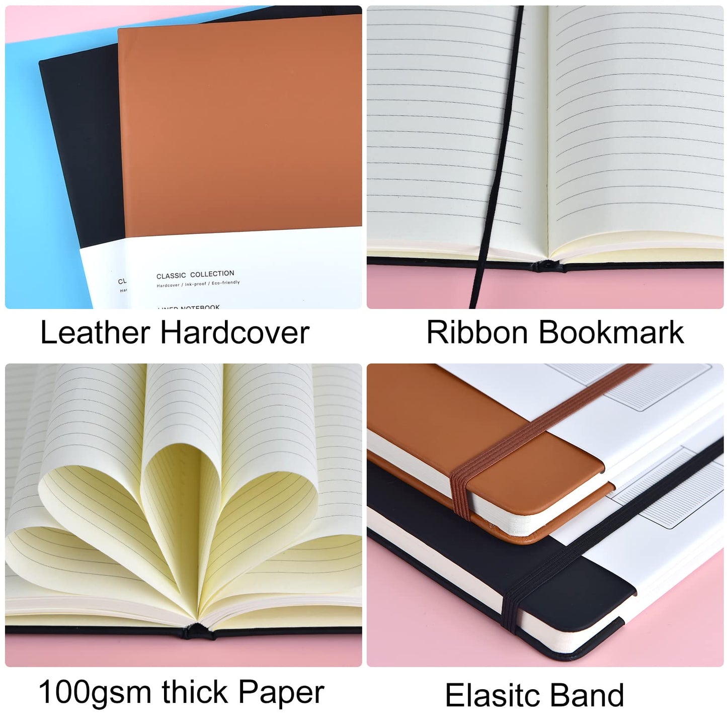 2 Pack B5 Journal Notebooks Classic College Ruled Notebooks Hardcover Lined Journals for Office Home School Business Writing Note Taking, 10.2 x 7.5 inch, 100GSM Thick Paper, 160 Pages (Black/Brown)