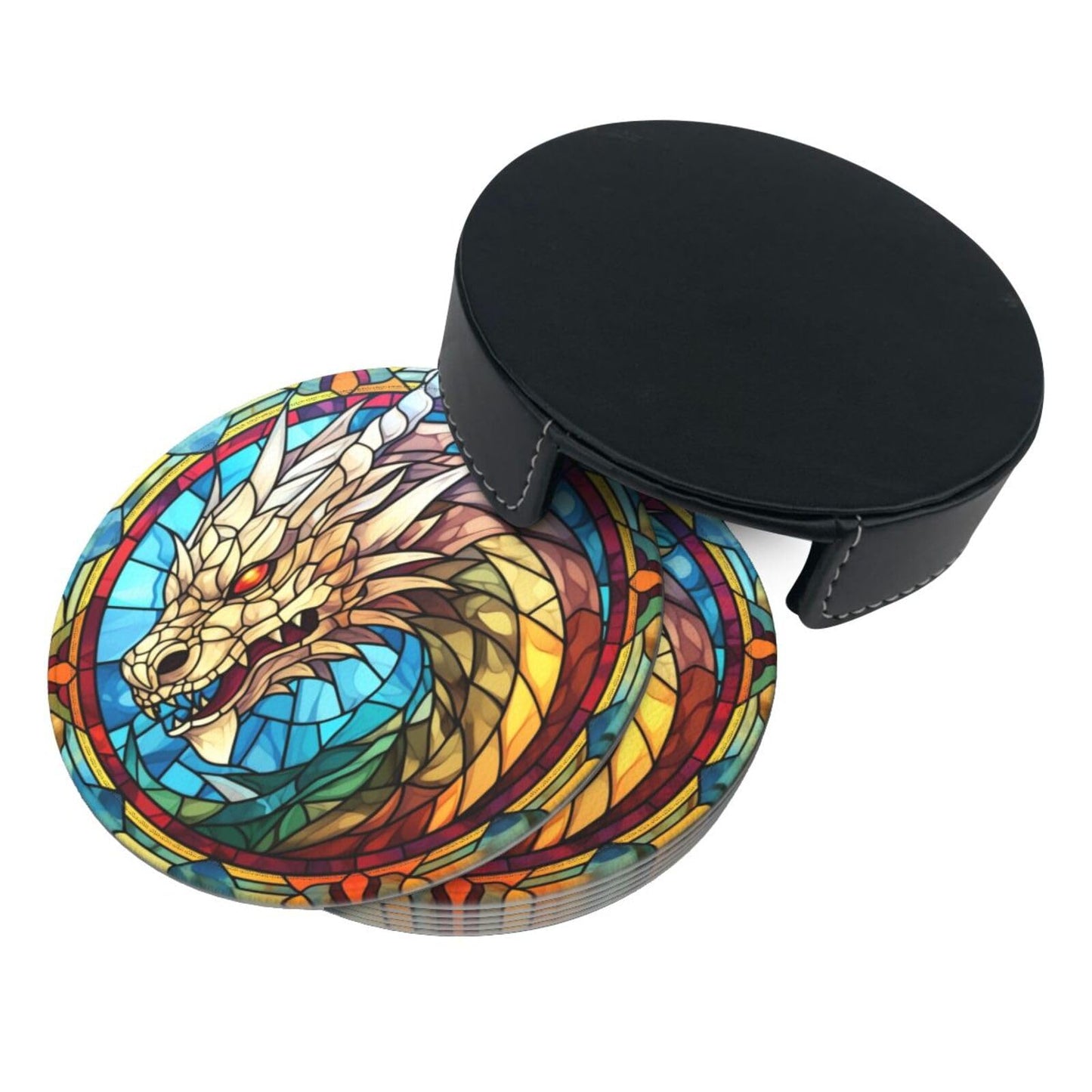 Dragon Drink Coaster Set of 6, Dragon Decor Gifts, Leather Drink Coasters with Holder, 6 Pack Cup/Bar/Drink Coasters for Table/Drinks/Coffee Protection Housewarming Gift (Dragon)