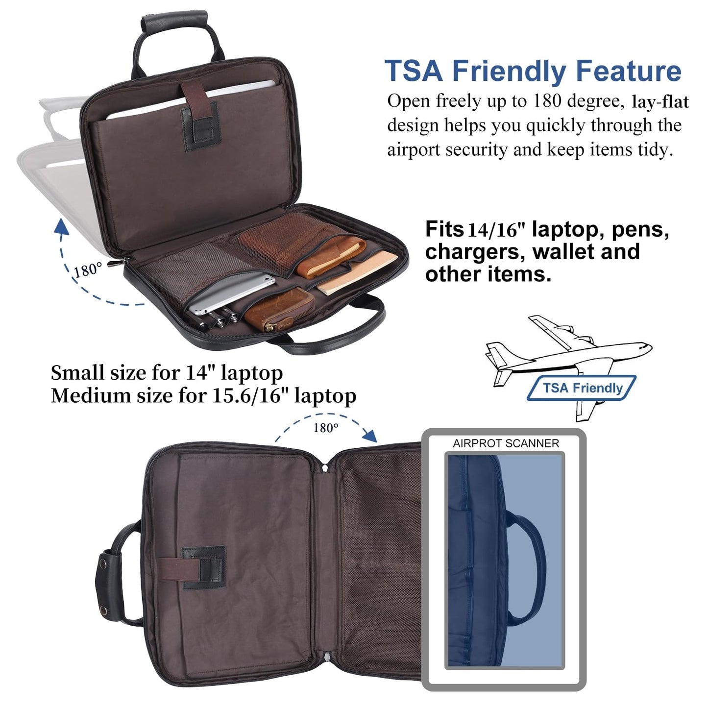 Masa Kawa Black Leather Slim Briefcase 14 Inch Laptop Bag for Men Crossbody Shoulder Messenger Computer Bags Attache Case for Business Work Lawyer