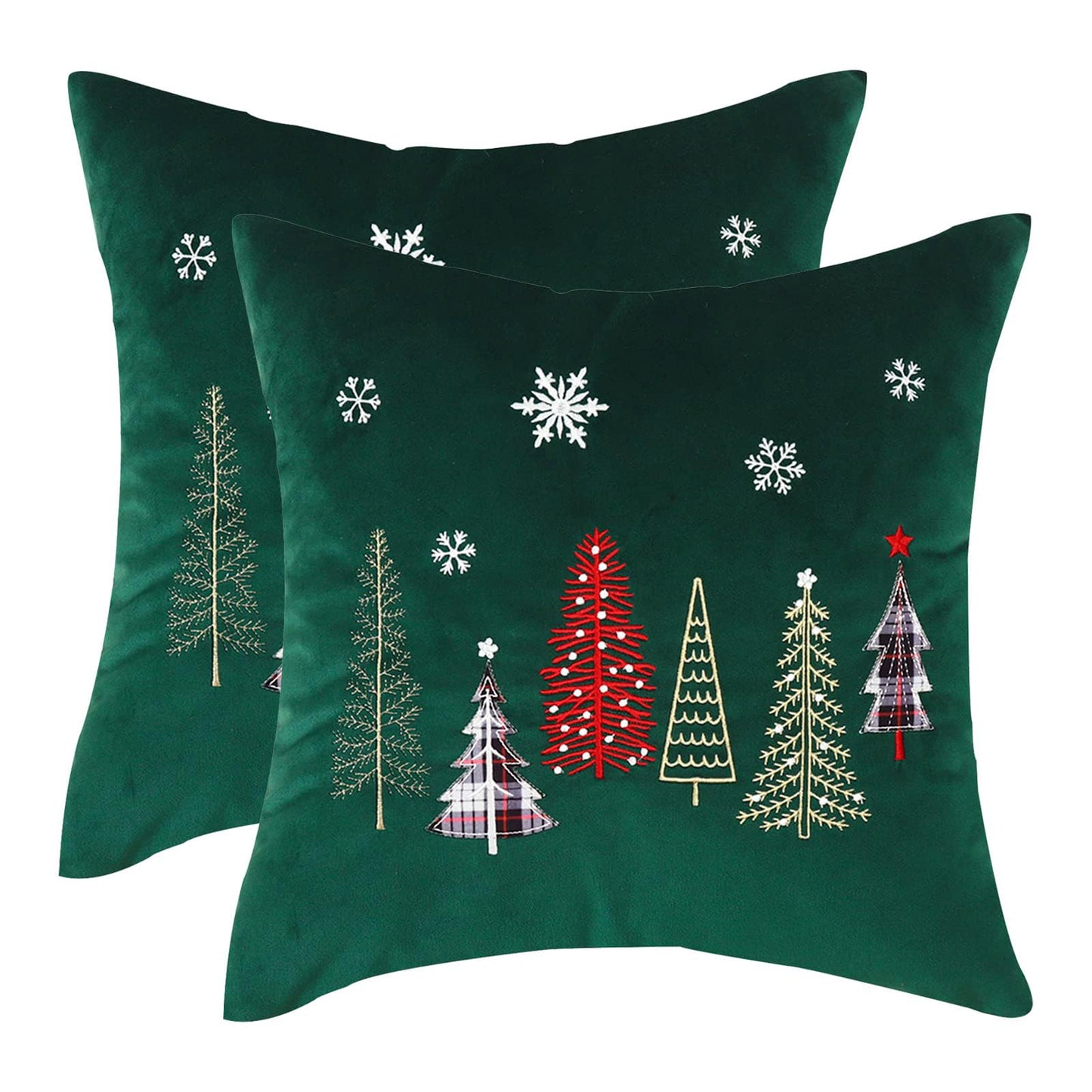 Tosleo Christmas Embroidery Throw Pillow Covers 24 x 24 inch Set of 2 Xmas Dec Velvet Pillowcases Forest Green Christmas Trees Cushion Pillow Cases Soft Square Holiday Pillowcase