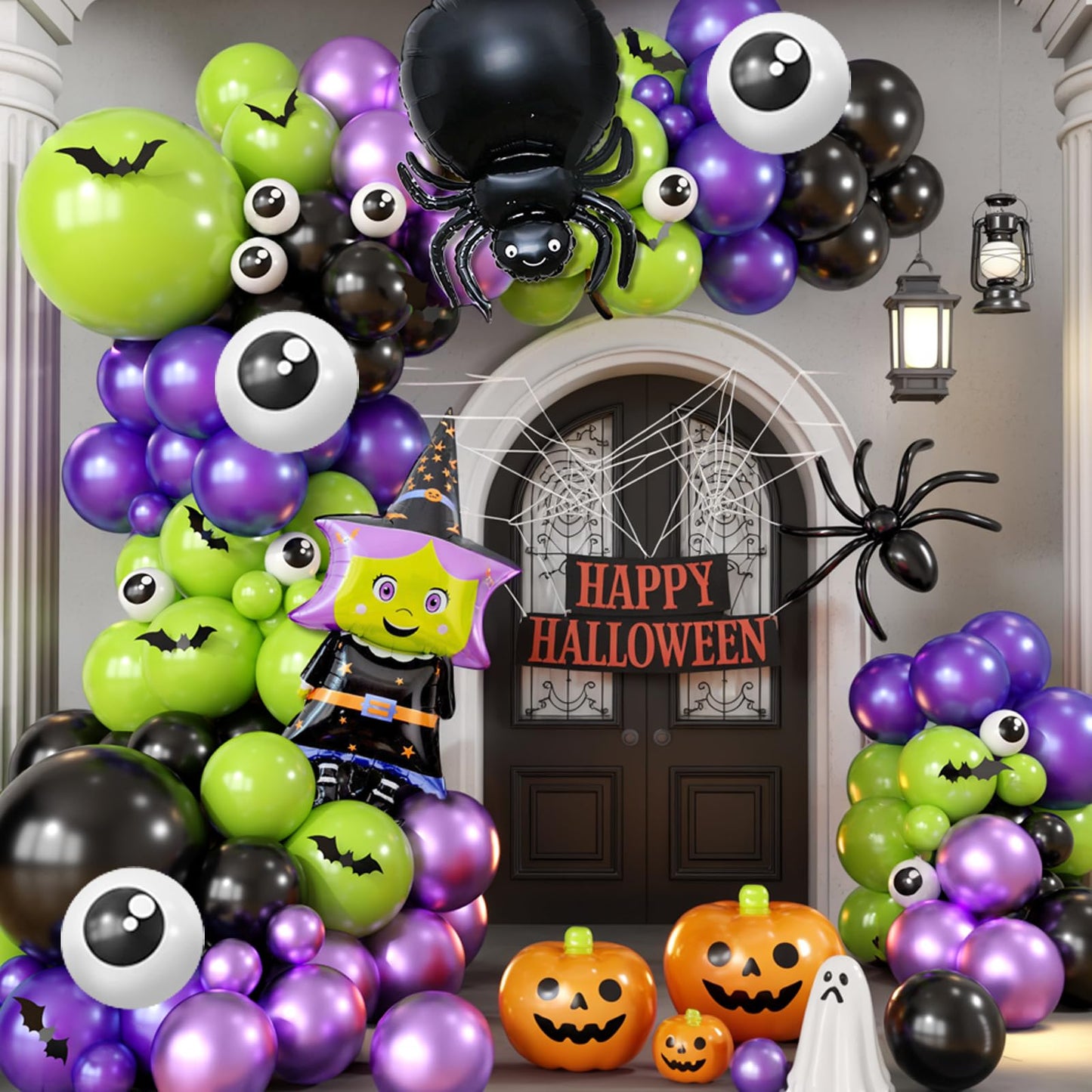 Halloween Balloons Arch Kit, Green Purple Balloon Garland with Foil Balloon Witch Spider Eye Metallic Purple Black Latex Balloons for Horror Halloween Birthday Party Decorations