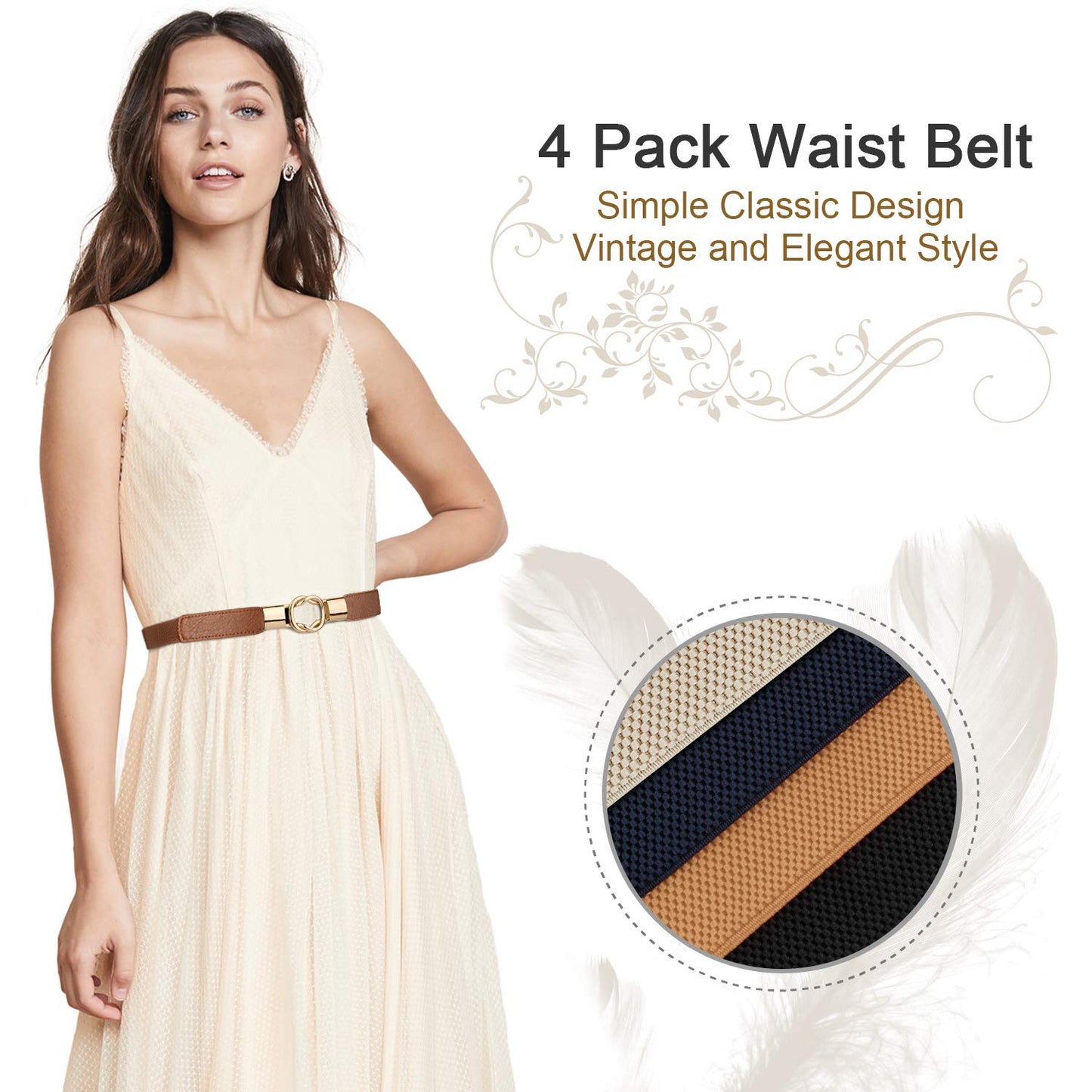 WERFORU Women Skinny Belt for Dresses Retro Stretch Waist Belt with Gold Buckle Set of 4,Black+Brown+Blue+Beige