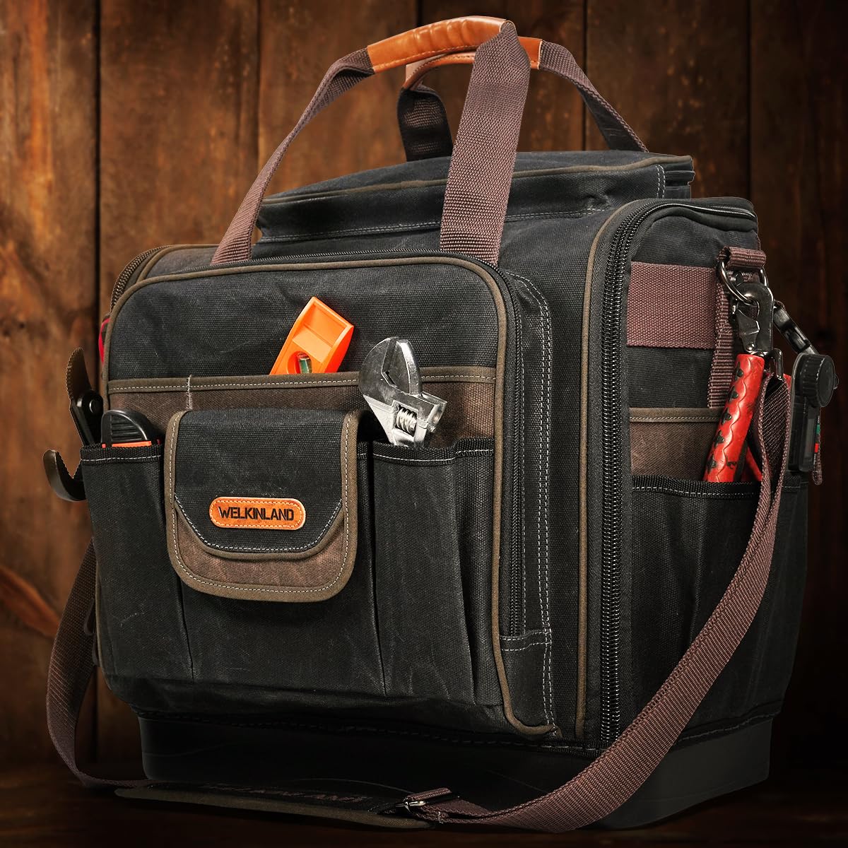 WELKINLAND 54Pockets Electrician Tool Bag, Heavy-Duty Hard Bottom Tool Bag, WaterProof Waxed Canvas Tools Bag, Technician Tool Bags, HVAC Tools Bag For professionals