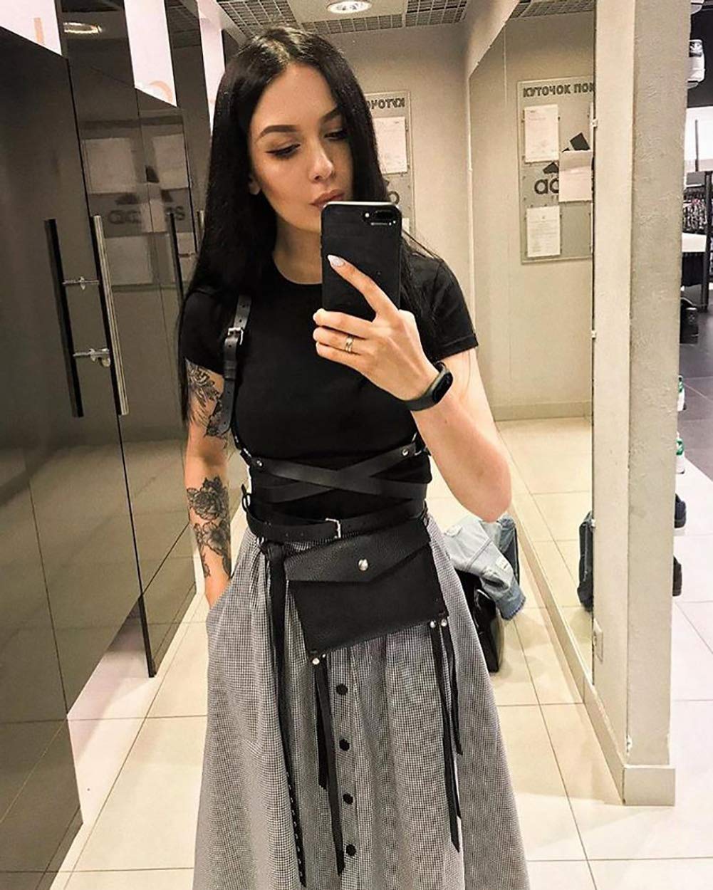Pinwe Leather Body Chest Straps Punk Harness Caged Waist Belt Gothic Body Chain Strappy Adjustable for Women(PW003)
