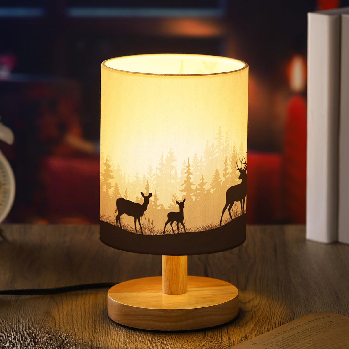 VIHOSE Woodland Deer Bedside Table Lamp Watercolor Winter Forest Tree Animal Deer Nightstand Lamp with Wood Base Fabric Lamp Shade Bedside Desk Lamp for Living Room Bedroom Kids Room Office
