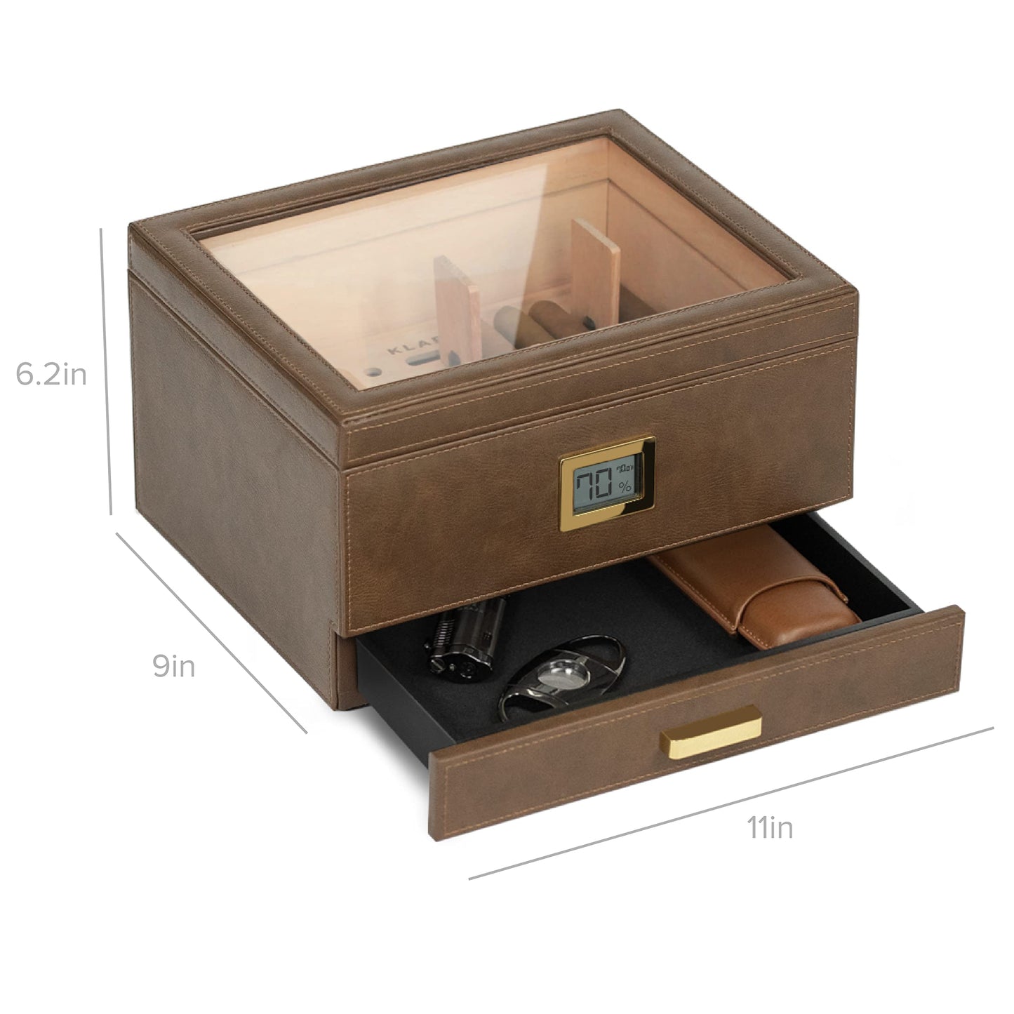 CASE ELEGANCE Belmont Glass Top Humidor Easy Humidification System, Thick Cedar, Accurate Digital Hygrometer, Leather Wrapped, Brown, Holds 30-60 Cigars
