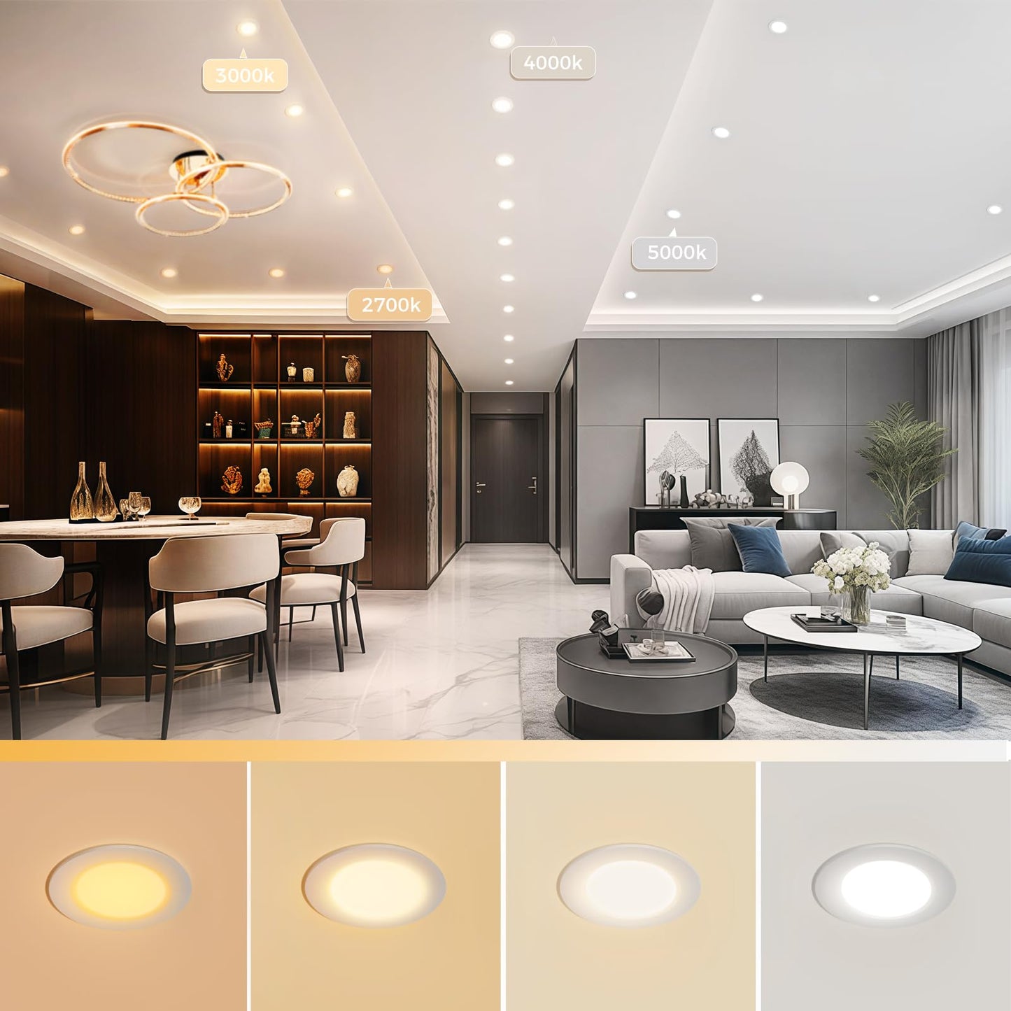 YGS-Tech Smart 3 Inch LED Recessed Lighting RGB WiFi Downlight, 5W Compatible with Alexa and Google Home, Dimmable RGB & CCT 2700-6500K Color Changing, 120V Ceiling Light with LED Driver (4 Pack)