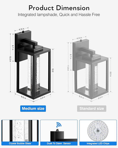 VIANIS Large Exterior Lighting Fixtures Wall Mount for House, Black Dusk to Dawn Porch Lights Outdoor with Integrated 10W LED Light Source Crystal Bubble Glass, 2 Packs Outdoor Wall Sconces Lantern