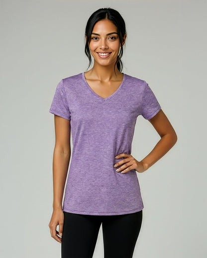 Real Essentials 5 Pack: Women's Dry-Fit Short Sleeve V Neck T Shirt Workout Fitness Yoga Top Tee, Set 7, L
