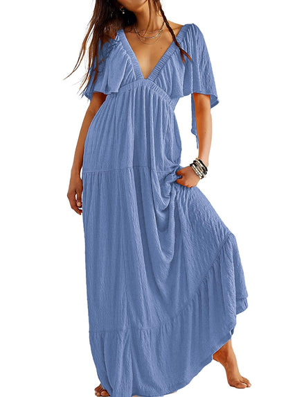 Kikibell Women Summer Dresses Sexy V-Neck Maxi Dress Tiered Silhouette with Flutter Sleeve Backless Elastic Waist Flowy Dress