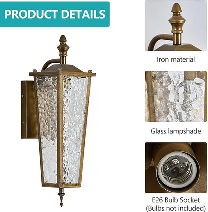 Outdoor Wall Light,Vintage Gold E26 Base 16.7in - Exterior Waterproof Lantern Metal with Clear Glass,Farmhouse Porch Sconce Wall Mount Lighting,for Garage,Patio,Front Door,Entryway