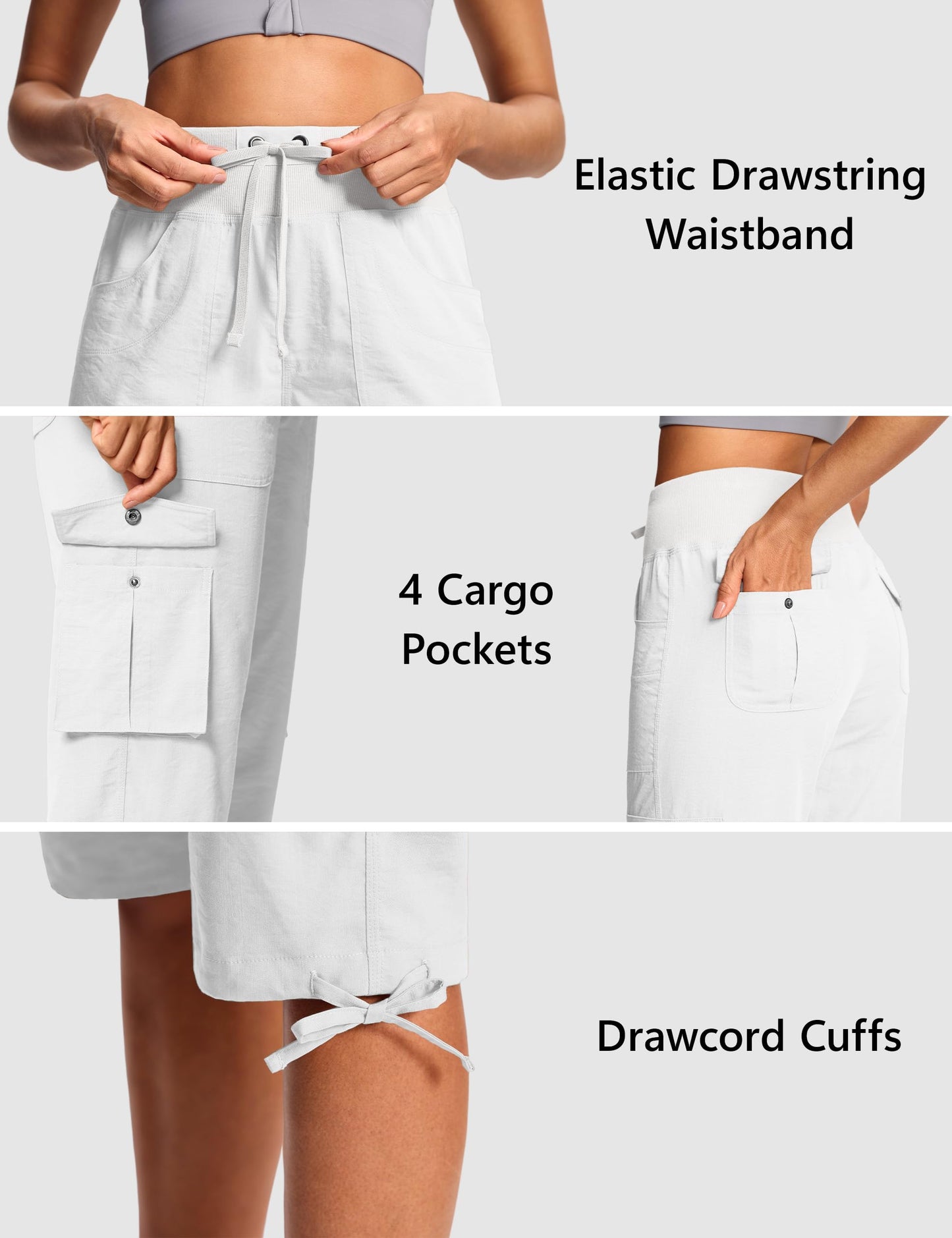 ISEEGZ 18" Capri Pants for Women Cargo Hiking Pants Lightweight Women's Capris with 6 Pockets Summer Casual Travel White