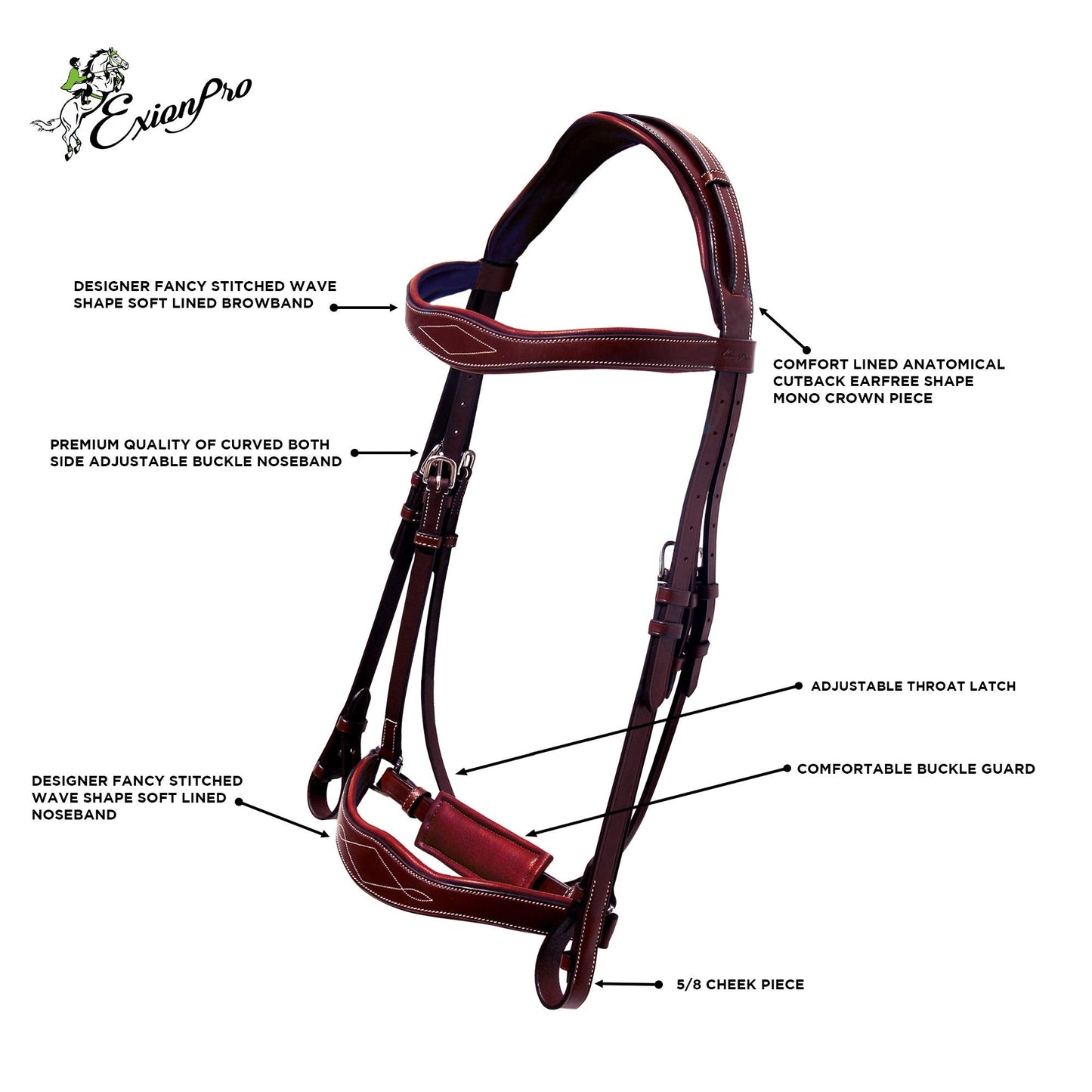 Exion Horse Dressage Bridle with Web Reins | Broad Anatomic Crownpiece, Crank Noseband & Browband & Reins with Hand Stoppers | Dressage Bridles for Horses