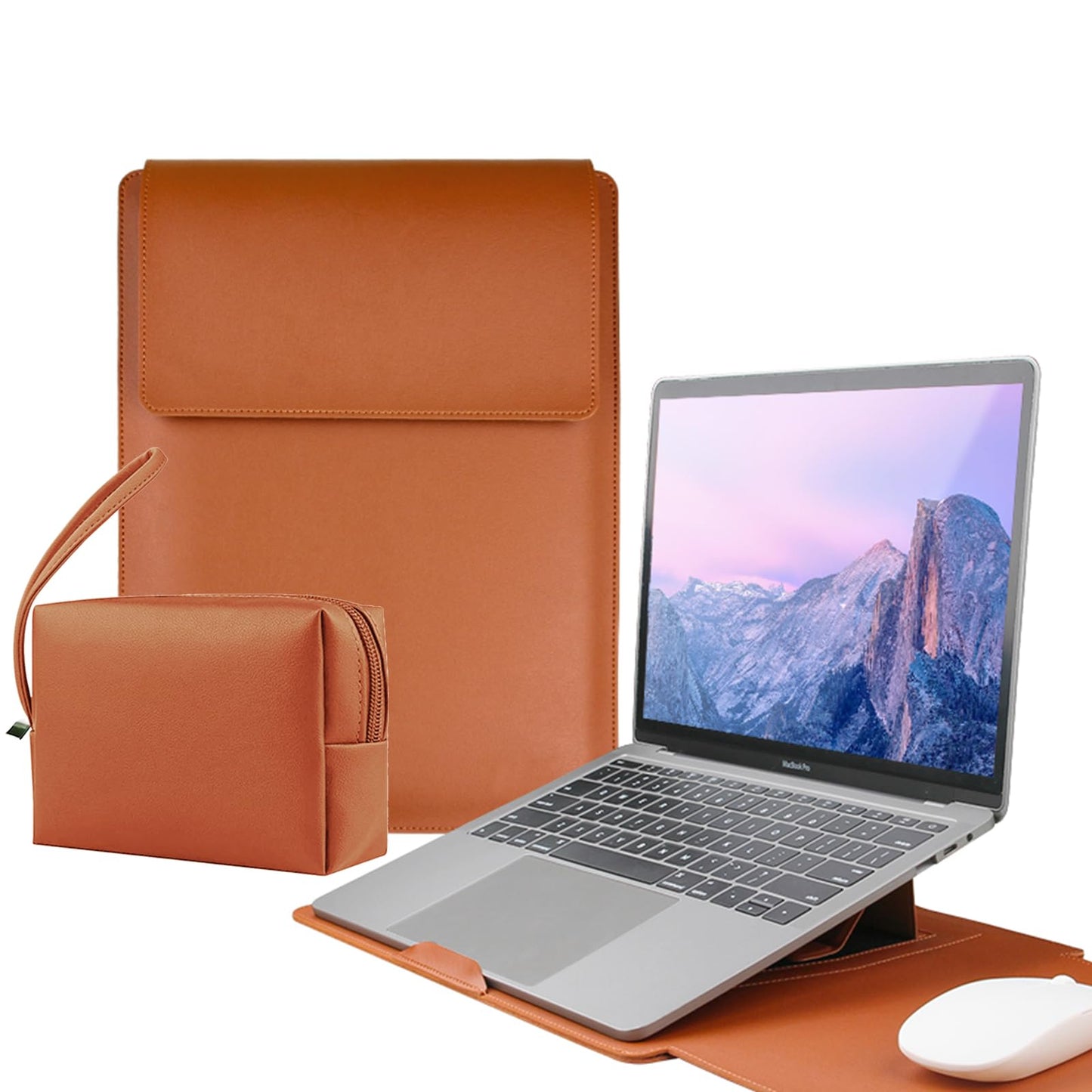 Gyanm 4-in-1 Laptop Sleeve with Stand and Mouse Pad, Faux Leather Protective Case with Accessory Pouch for 13.3-14 Inch Laptops, Brown