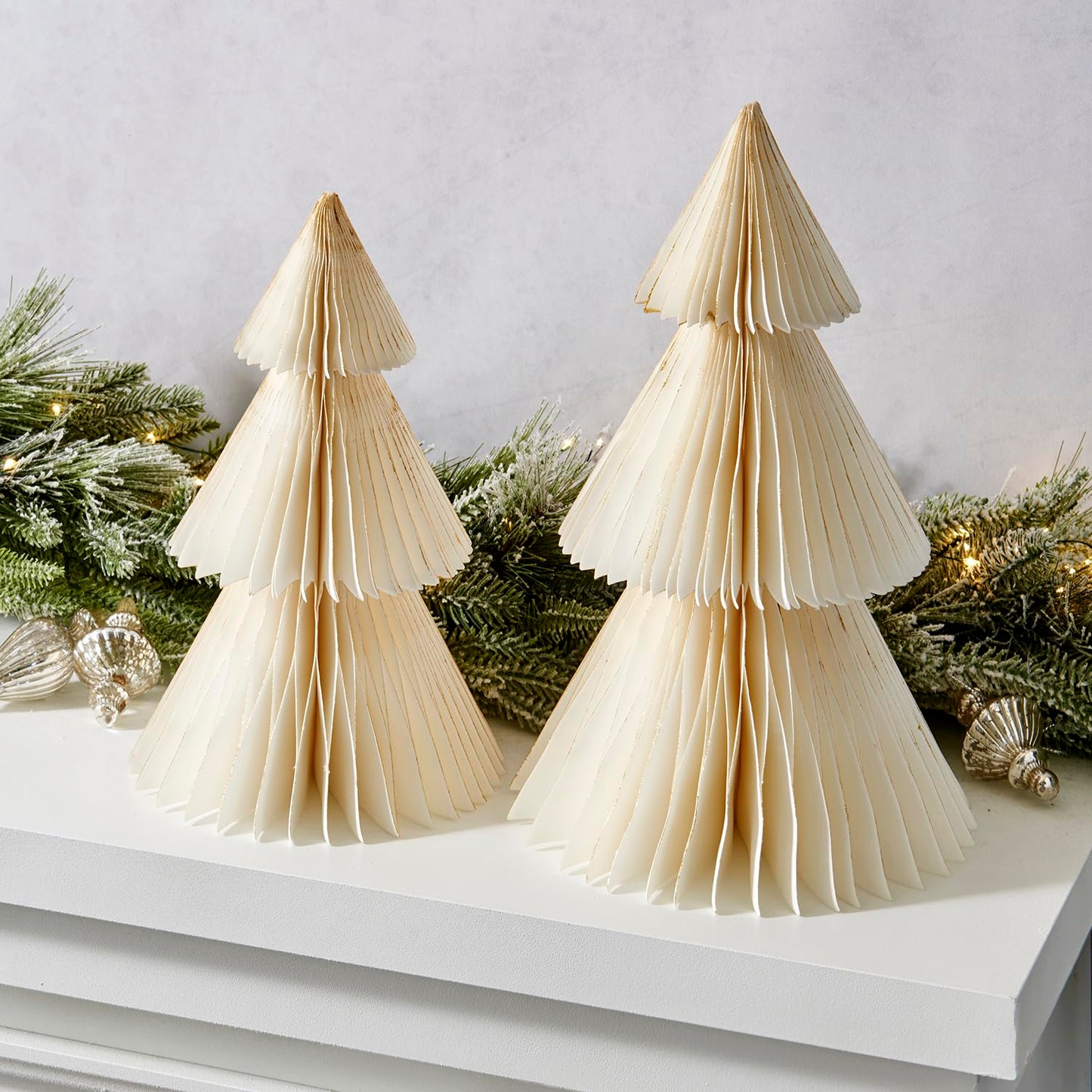 LampLust Paper Tree Decor, 2 Pack Honeycomb Paper Trees, 10 & 12 Inch, White & Gold Glitter Edge, Christmas Table Decor, Holiday Table Centerpieces, Christmas Decorations