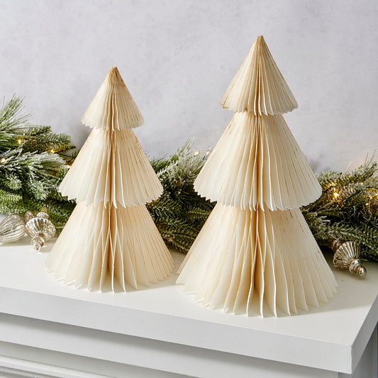 LampLust Paper Tree Decor, 2 Pack Honeycomb Paper Trees, 10 & 12 Inch, White & Gold Glitter Edge, Christmas Table Decor, Holiday Table Centerpieces, Christmas Decorations