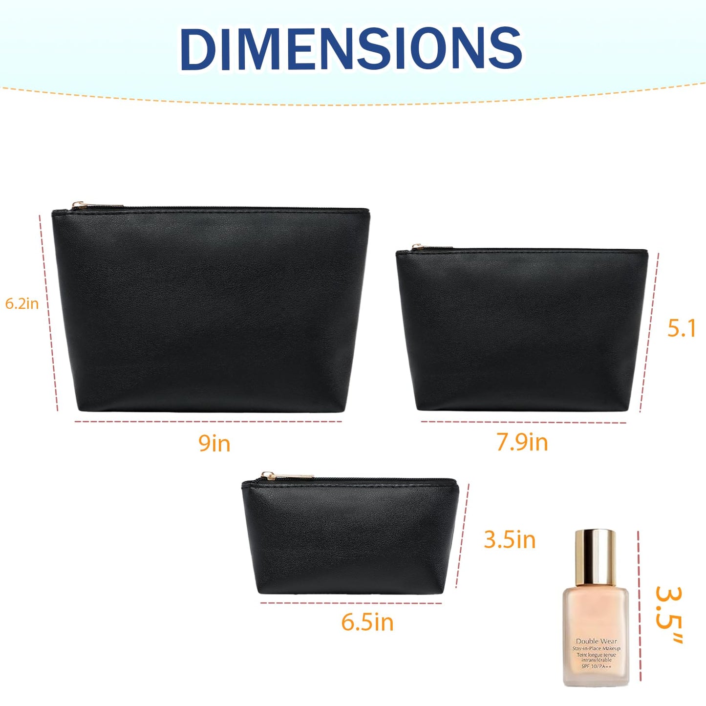 lllyan 3 Pcs Makeup Bag Set for Women Black Soft Leather Travel Cosmetic Bag Make Up Pouch Small Travel Zipper Pouch,Water-resistant Makeup Organizer Bag for Women（Flat black）