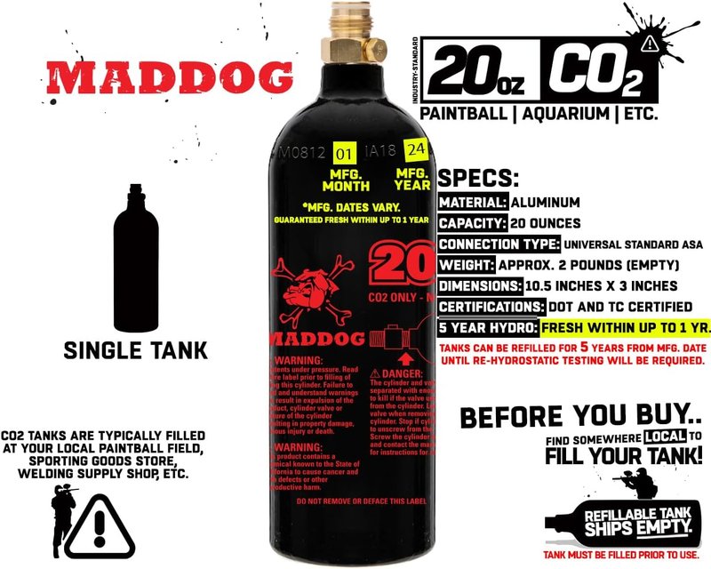 Maddog 20 Oz Refillable Aluminum CO2 Paintball Tank | Lightweight & Durable Design
