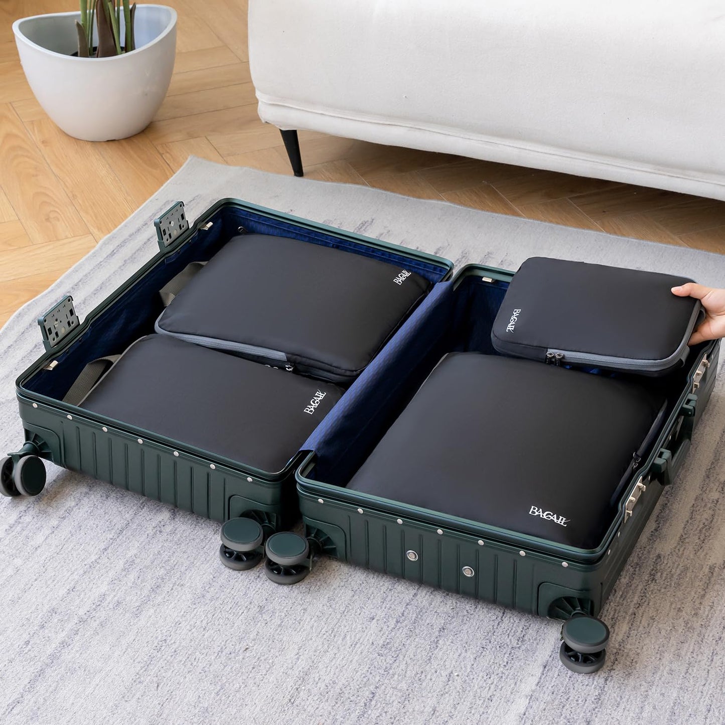 BAGAIL 4 Set/6 Set/8 Set Compression Packing Cubes Travel Accessories Expandable Packing Organizers (Cloth Pattern, 4-Black)