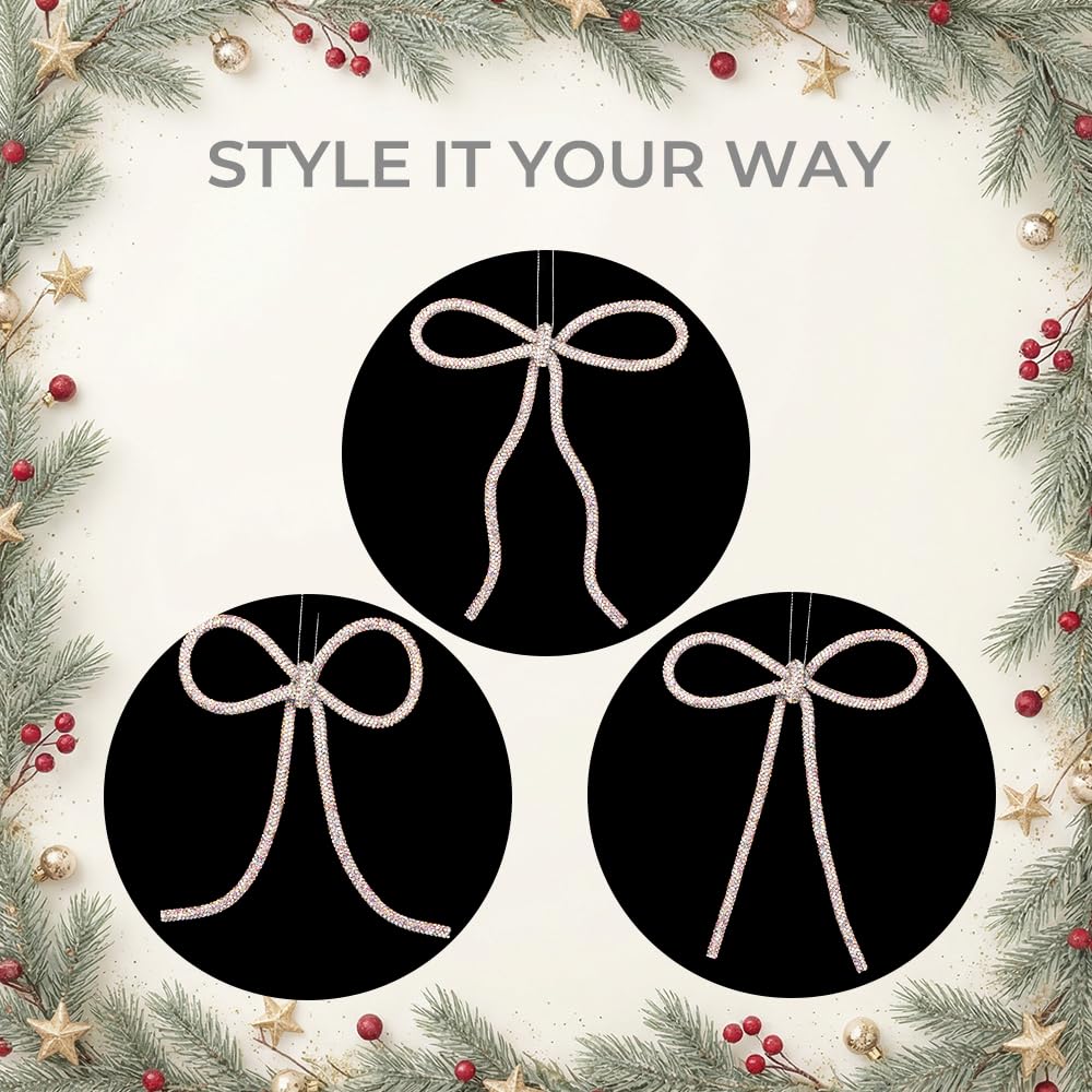 XMIAOX 3 Pcs Handmade Rhinestone Bow Christmas Ornaments, Sparkling Shapeable Bows for Holiday Tree, Wreath & Gift Wrapping, Reusable Holiday, Home, Party Décor (Silver, Small)