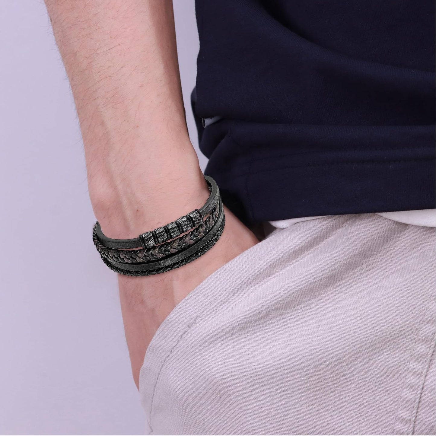 JSNOM Mens Leather Bracelet Gifts: Handmade Braided Genuine Leather Bracelet for Christmas Father's Day Birthday, Cuff Wristbands Black Bracelets Gifts for Men (Black, M-8.3inch)