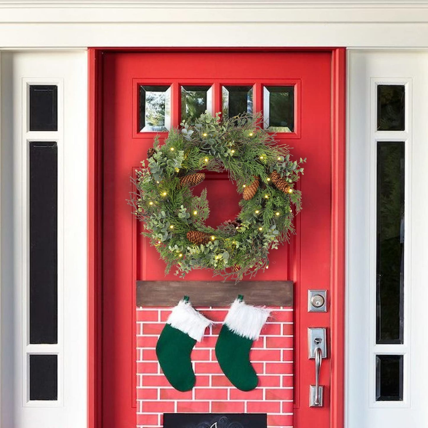 Pre Lit Christmas Wreath for Front Door Green Wreath Decorated with Pine Cones,Berry Clusters, Abundant Fit Branches 18” Lighted Christmas Wreaths for Windows Winter Wreath Hanging Wall Decor