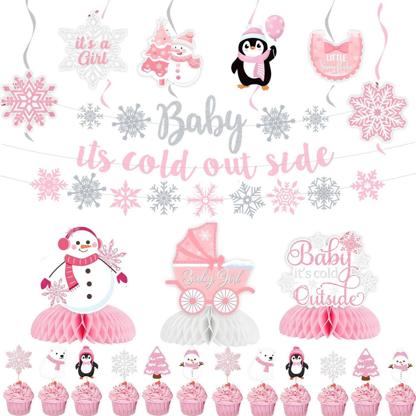 36PCS Little Snowflake Baby Shower Decorations, Pres-Strung Pink Baby It’s Cold Outside Baby Shower Decor, Winter Pink White Little Snowflake It’s A Girl Decorations, Winter Wonderland Party Supplies