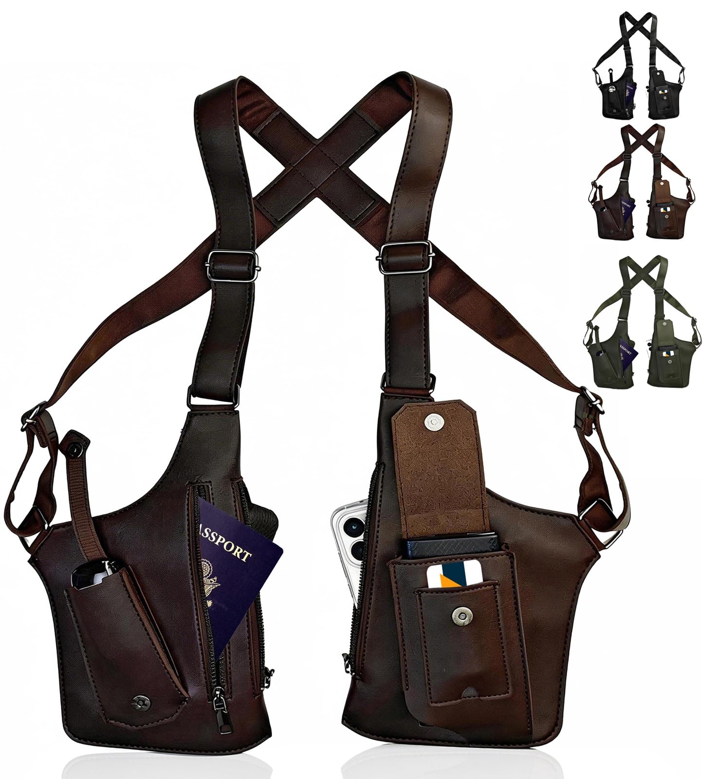 Double Shoulder Armpit Bag for Men, Premium PU Leather Adjustable Shoulder Underarm Bag, Anti-Theft Cross-Body Concealed Carry with Hidden Phone Wallet Pocket(Brown)