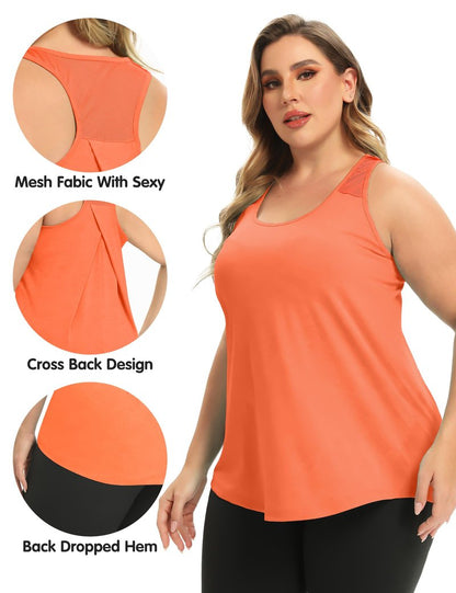 FOREYOND Women's Plus Size Workout Tank Tops Loose Fit Yoga Racerback Athletic Tops Sleeveless Summer Shirts, Bright Orange, 1XL