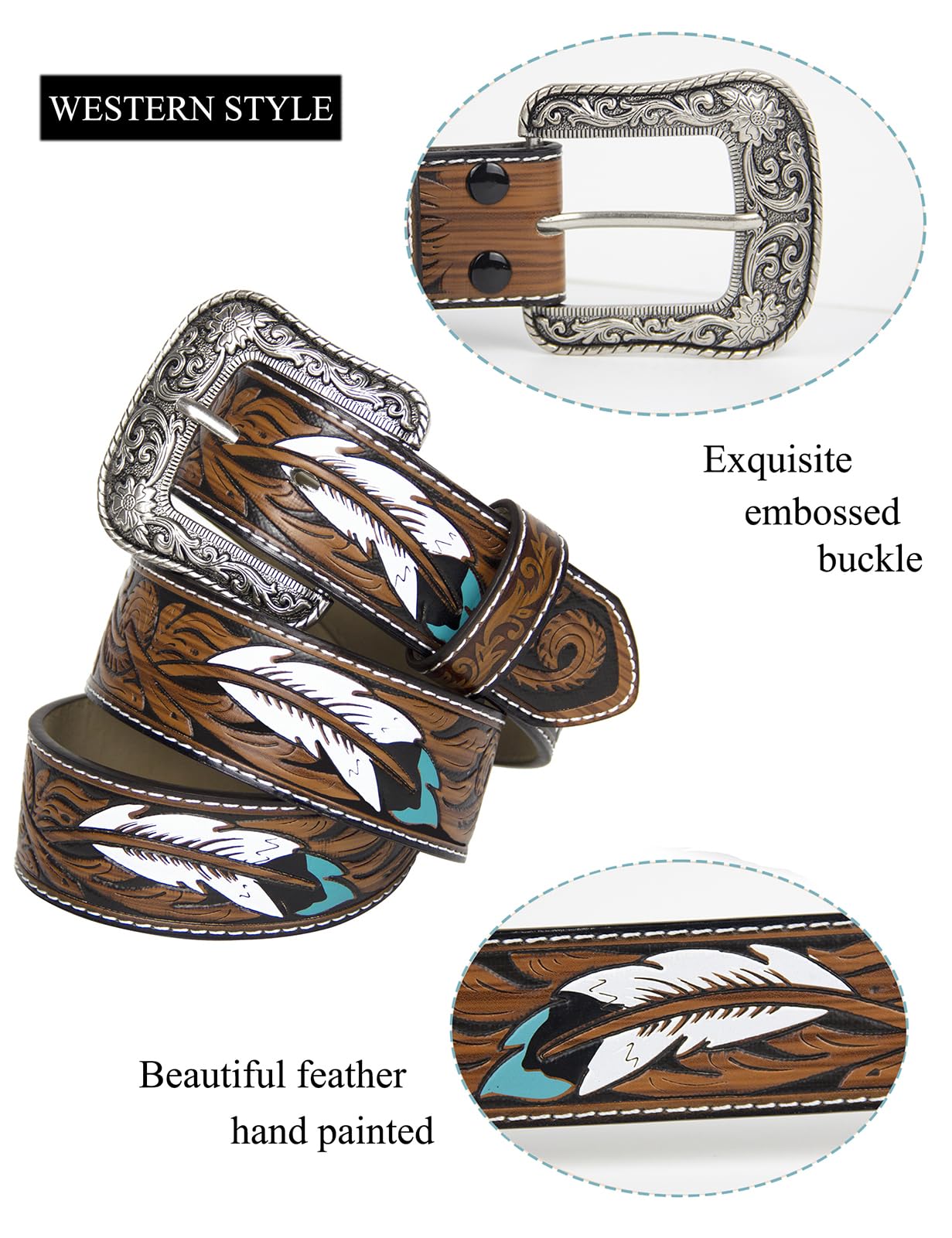 TOPACC Western Belts for Women Men with Buckle Cowgirl Cowboy Rodeo Brown Tooled leather belts for Jeans Dresses Country Outfit