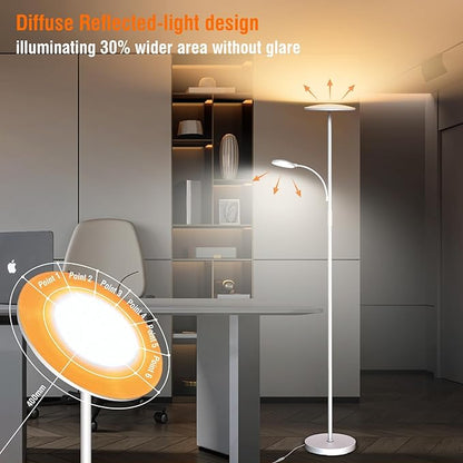 White Floor Lamps for Living Room, 44W/4500LM Super Bright 2 in 1 LED Floor Lamp with Remote, Stepless Dimmable, 69" Tall Standing Floor Lamp with Bendable Reading Light for Bedroom Office
