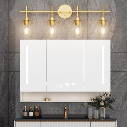 Ralbay 4-Lights Gold Vanity Light Fixture Vintage Gold Vanity Lights Wall Lighting Clear Glass Gold Bathroom Light Fixtures Over Mirror