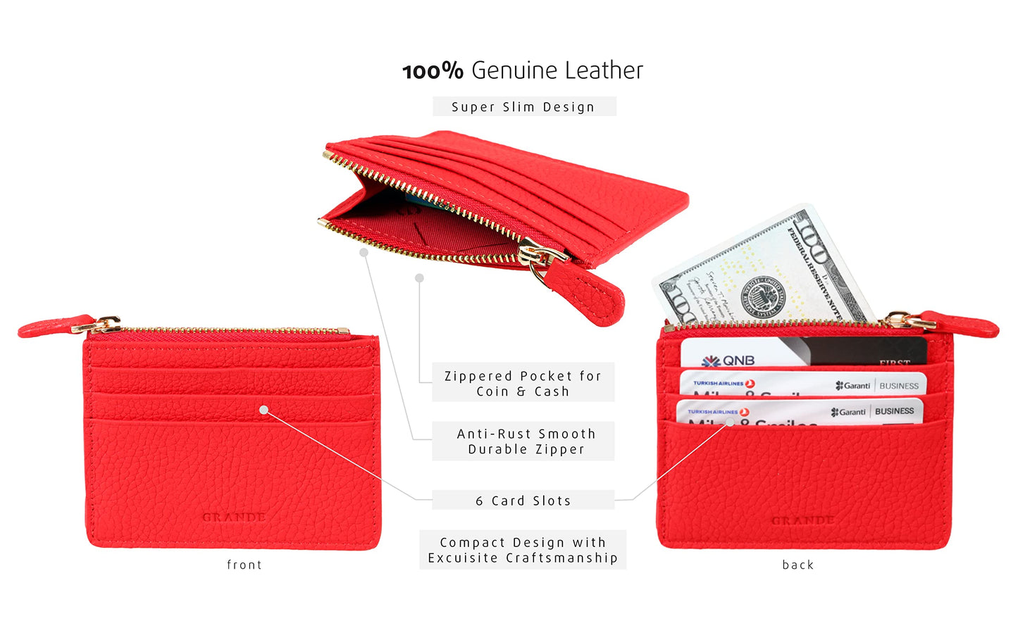 grande 3603 Genuine Leather Card Holder For Women and Men Slim Minimalist Small Zipper Wallet (BLACK)