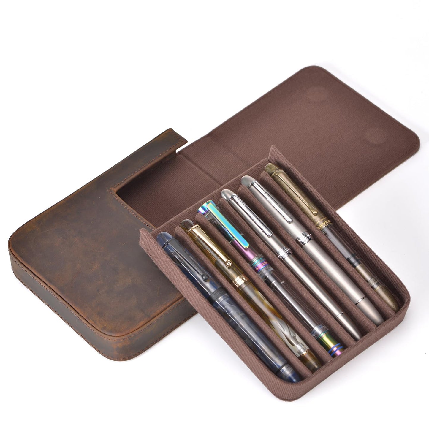 Lanxivi Genuine Leather Fountain Pen Case 6 Slot Crazy Leather Organizer, Portable Pen Bag Pouch Drawer Style